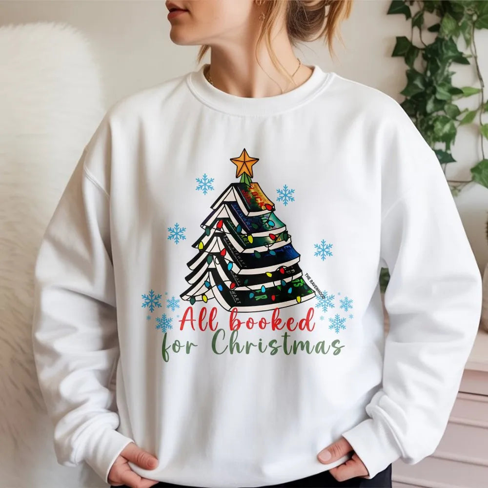 Book Tree Christmas Sweatshirt, All Booked for Christmas Sweatshirt, Holiday Reader Crewneck Sweatshirt, Bookish Bookworm Pul