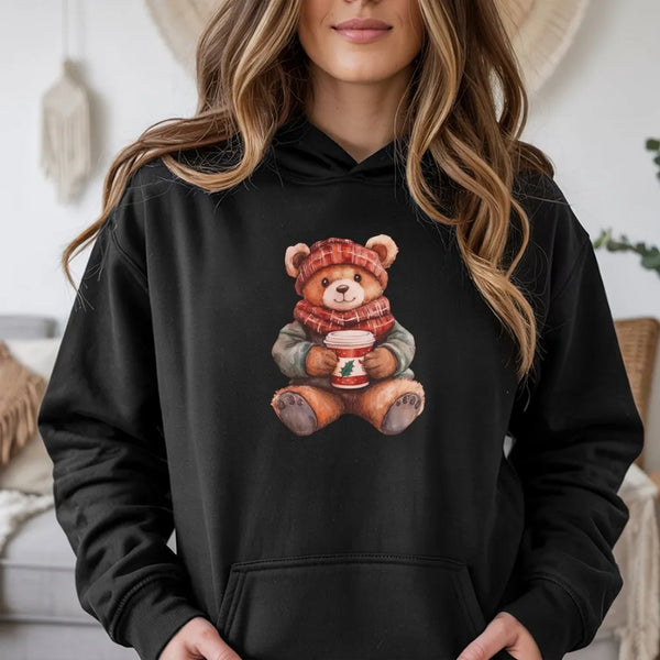 Adorable Holiday Coffee Teddy Hooded Sweatshirt, Christmas Bear Hoodie, Comfy Winter Bear Hoodie, Festive Teddy Bear Sweatshi