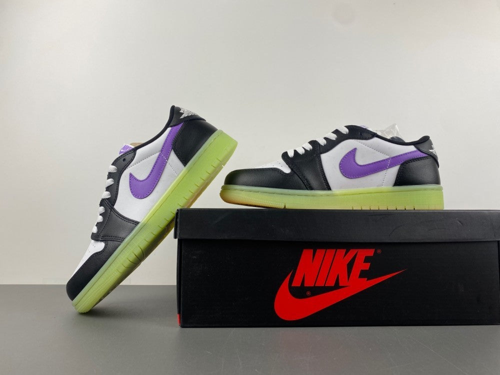 Retro Low Top Sneakers, Neon Green White Black Purple Colorway, Lace Up Design, Casual Gift for Sneaker Fans