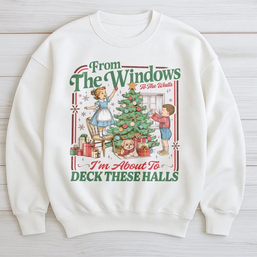 Humorous Retro Holiday Crewneck, Deck the Halls Christmas Sweatshirt, Vintage Christmas Party Sweater, Adorable Holiday Prese