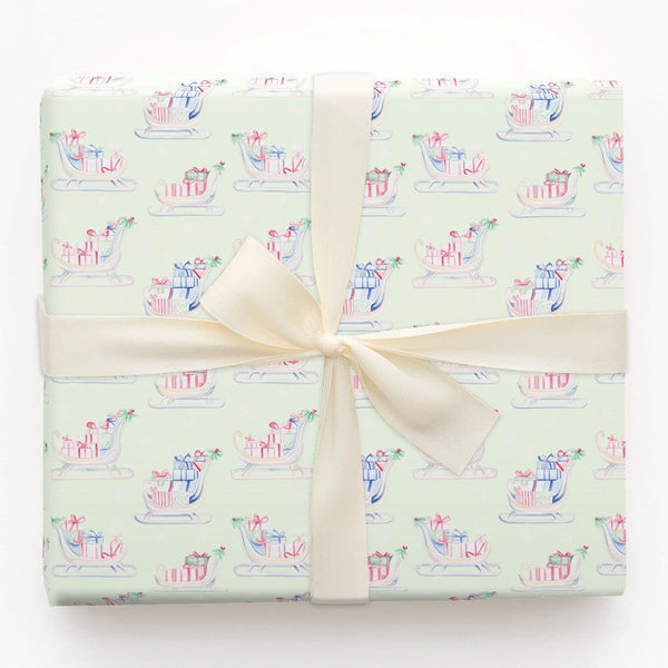 Pastel Christmas Sleigh Gift Wrap, Watercolor Sleigh Wrapping Paper, Holiday Presents Wrapping Paper, Winter Present Packagin