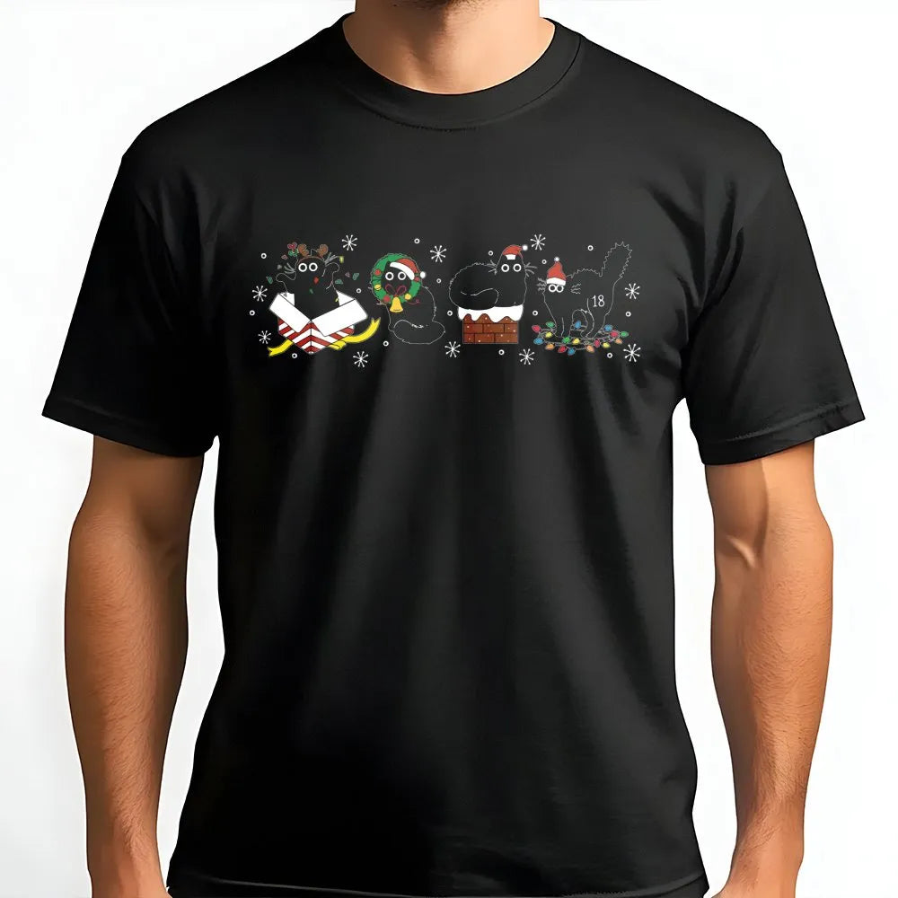 Humorous Kitty Holiday Pet Graphic Tee, Black Cat Santa Christmas T-Shirt, Adorable Spooky Xmas Cat Lover Shirt, Festive Anim