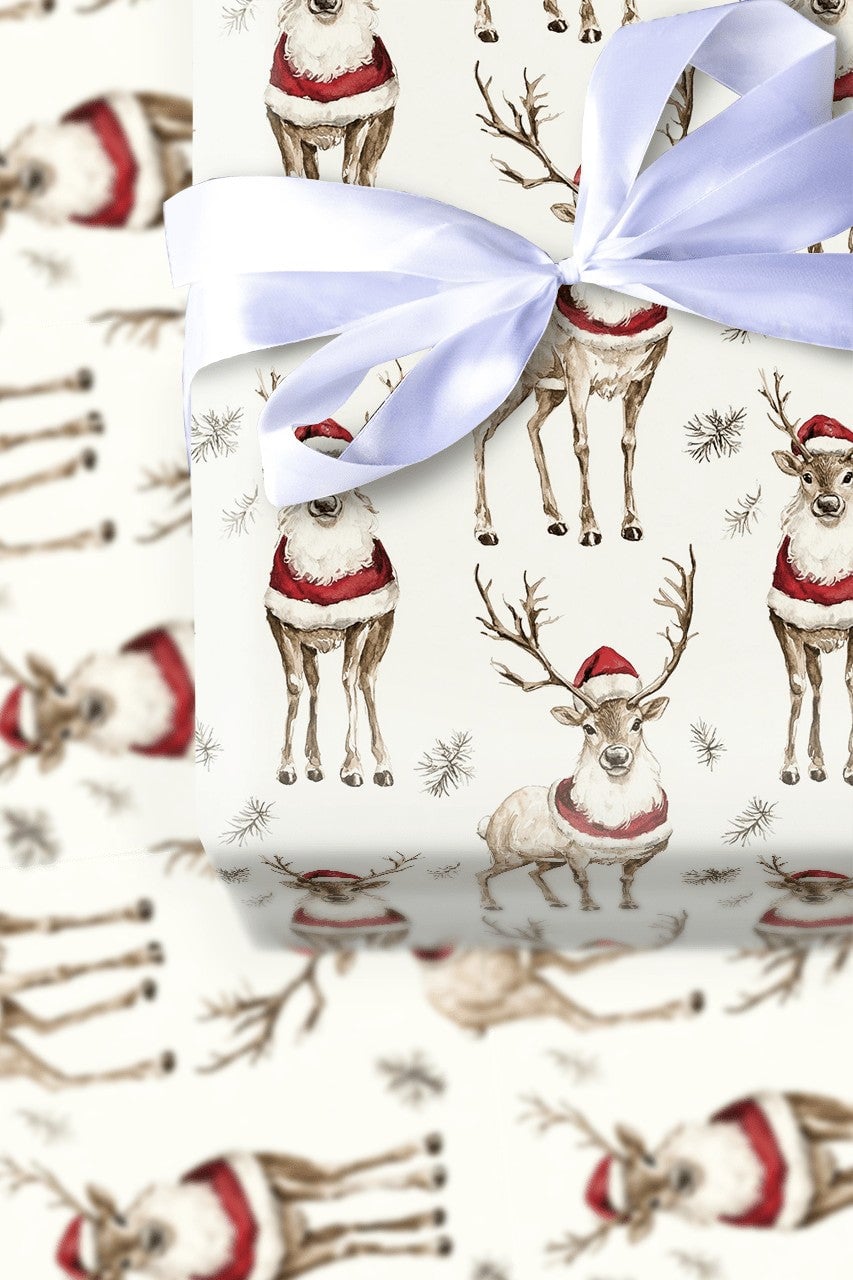 Santa Hat Reindeer Gift Wrap, Watercolor Reindeer Wrapping Paper, Festive Reindeer Christmas Paper Roll, Holiday Gift Wrappin