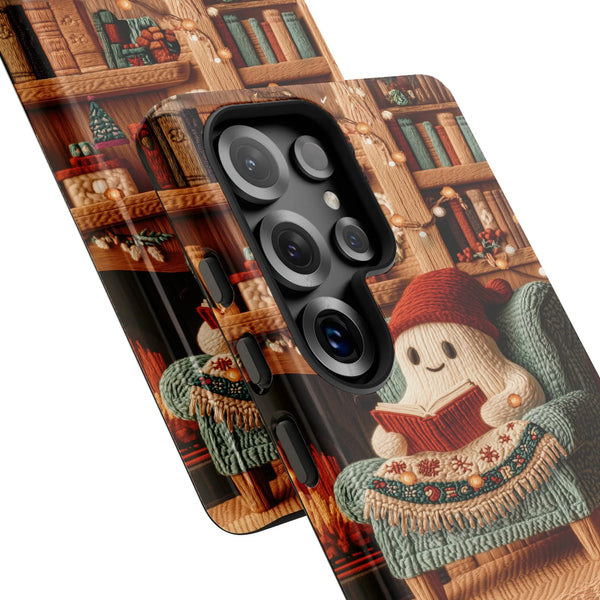 Comfy Christmas Book Lover Samsung Galaxy Tough Phone Case, Adorable Reading Ghost Phone Case, Holiday Yarn Art Ghost Cover, 