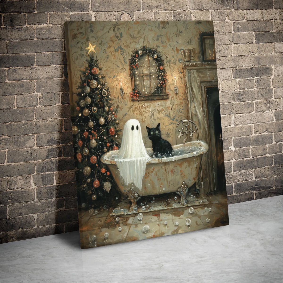 Whimsical Holiday Bath Canvas Print, Ghost and Black Cat Christmas Canvas Wall Art, Spooky Season Cat Canvas, Holiday Wall De