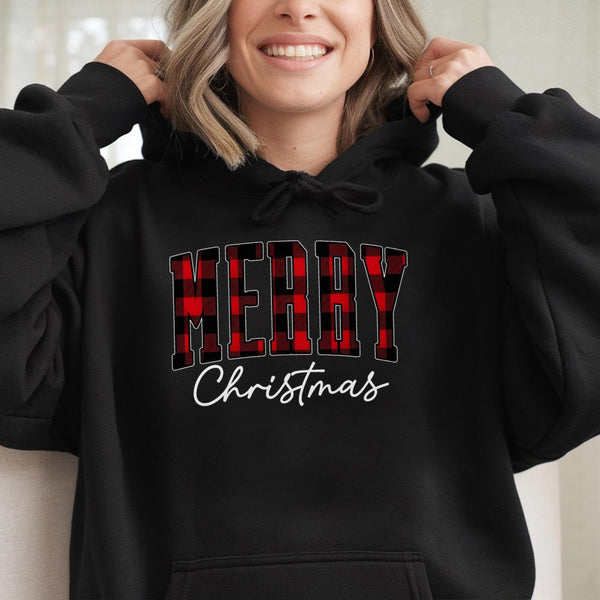 Buffalo Plaid Red Text Graphic Hooded Sweatshirt, Merry Christmas Hoodie, Comfy Holiday Winter Pullover, Festive Xmas Present