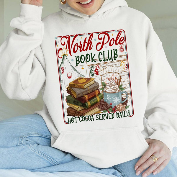 Comfy Christmas Reading Sweatshirt, North Pole Book Club Hoodie, Adorable Holiday Bookish Pullover, Reader Winter Hooded Top