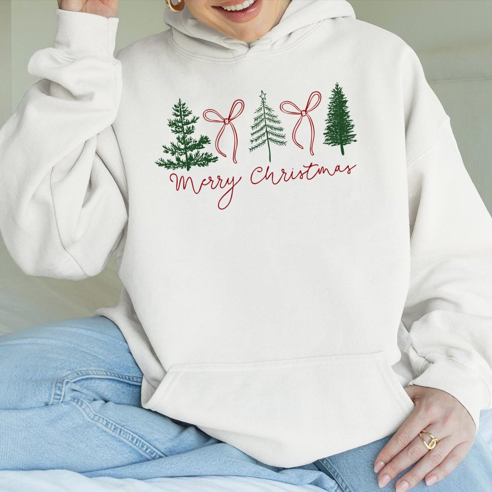 Festive Pine Tree Sweatshirt, Minimalist Pine Tree and Bow Merry Christmas Hoodie, Comfy Christmas Hoodie, Winter Holiday Hoo