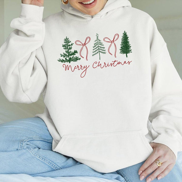 Festive Pine Tree Sweatshirt, Minimalist Pine Tree and Bow Merry Christmas Hoodie, Comfy Christmas Hoodie, Winter Holiday Hoo