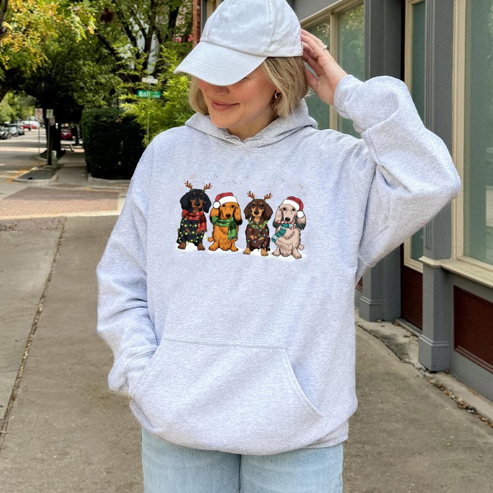Festive Weiner Dog Holiday Sweatshirt, Dachshund Christmas Hoodie, Adorable Xmas Dog Lover Pullover, Comfy Dachshund Mom Hood