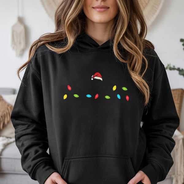 Santa Hat Christmas Sweatshirt, Christmas Lights Hoodie, Holiday Lights Pullover Hoodie, Festive Xmas Sweater, Winter Holiday