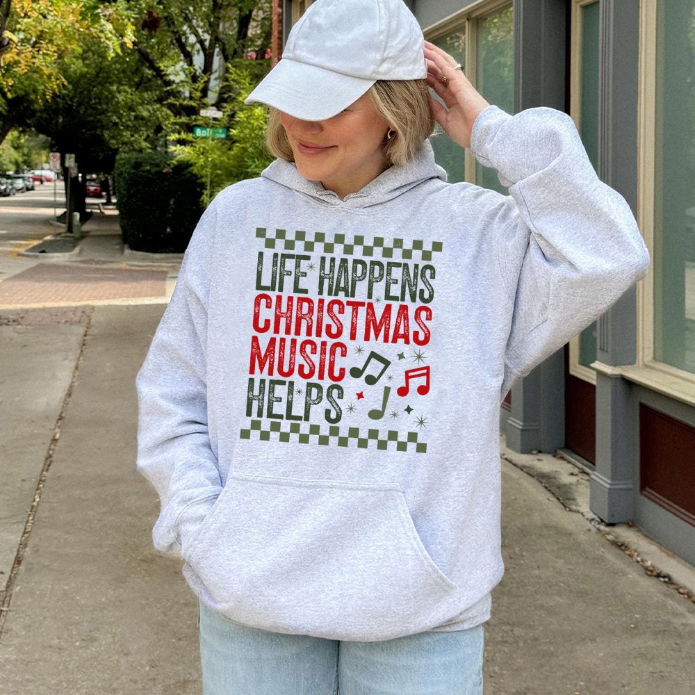 Retro Holiday Music Hoodie, Life Happens Christmas Music Helps Hoodie, Festive Christmas Song Sweatshirt, Adorable Xmas Music