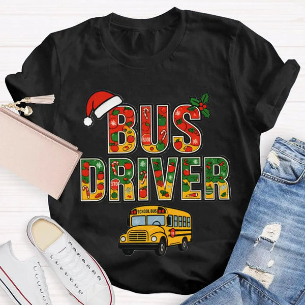 Santa Hat Bus Driver Graphic Tee, School Bus Driver Christmas T-Shirt, Humorous Holiday Driver Shirt, Transportation Staff Xm