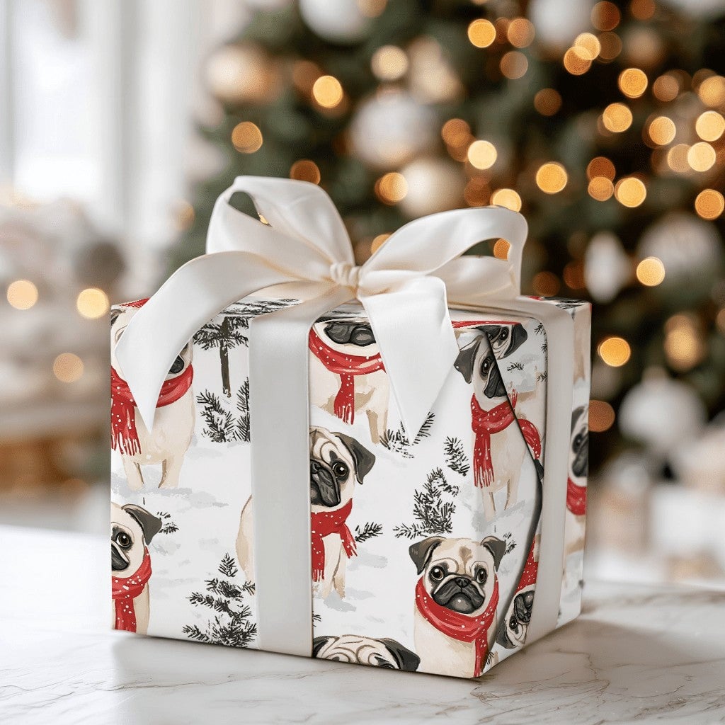 Festive Winter Scarf Pug Gift Wrap, Pug Dog Christmas Wrapping Paper, Holiday Puppy Wrapping Paper, Adorable Dog Lover Christ