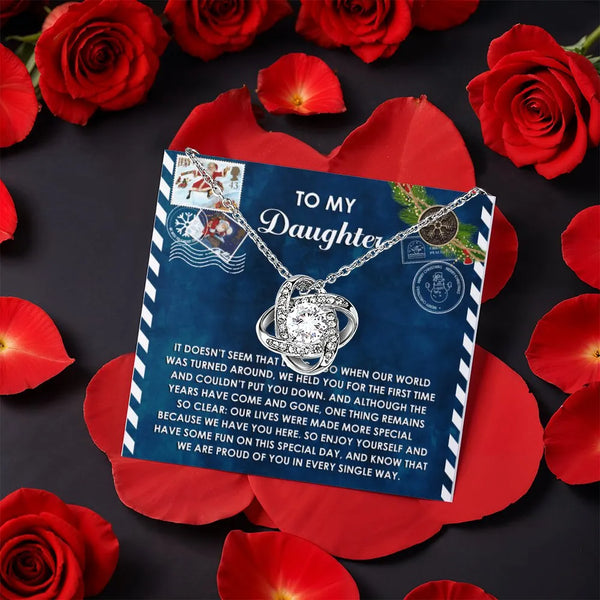 Message Card Knot Necklace, Daughter Love Knot Necklace, CZ Crystal Pendant Necklace, Rotating Rose Gift Box, Holiday Christm