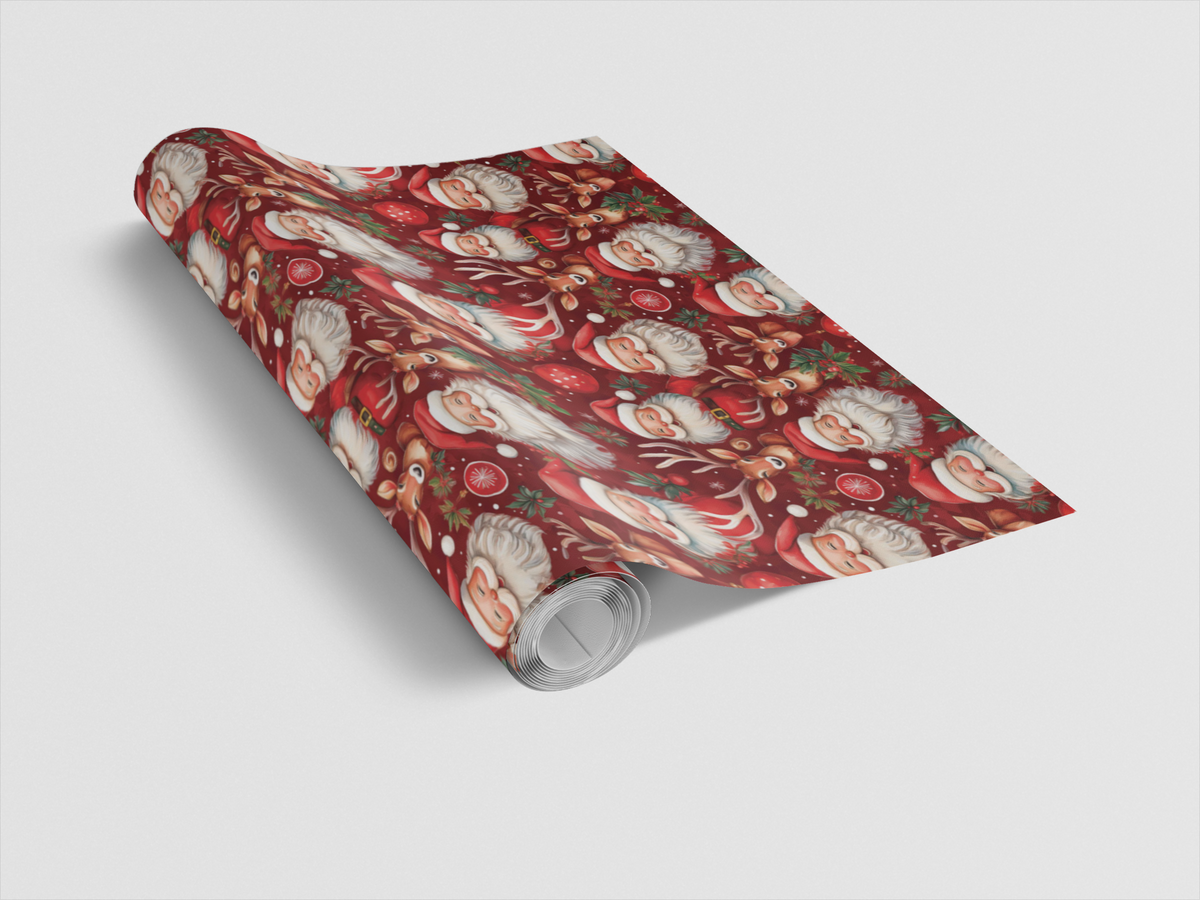 Holiday Hoopla Gift Wrap, Santa and Reindeer Wrapping Paper, Adorable Christmas Wrapping Paper, Santa Gift Wrap Roll, Festive