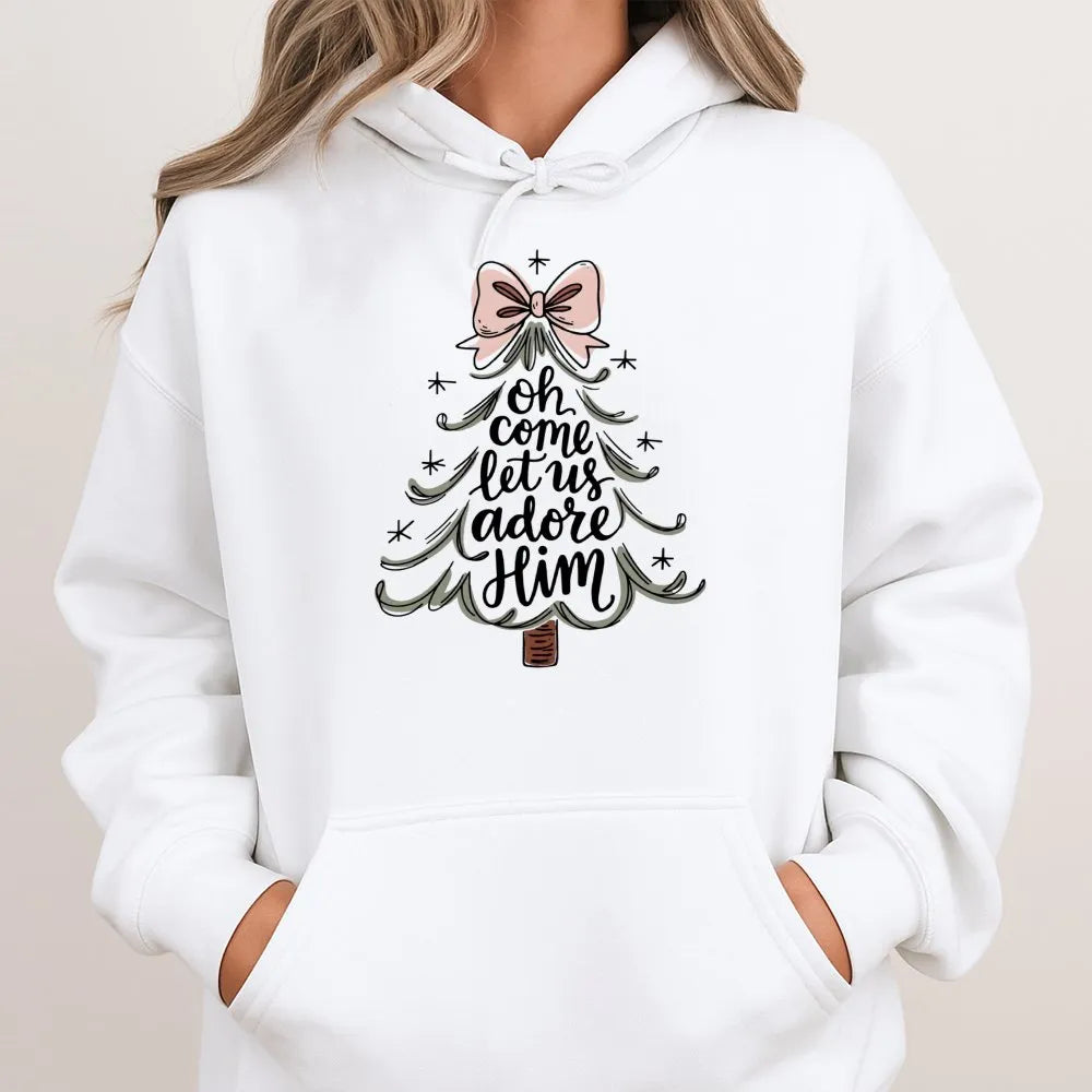 Christian Christmas Tree Hoodie, Oh Come Let Us Adore Him Hoodie, Religious Holiday Sweatshirt, Faith Based Xmas Pullover Hoo
