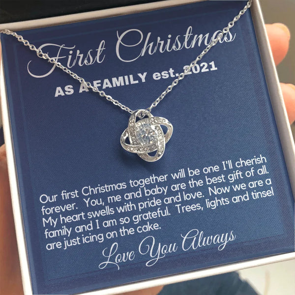 New Mom Crystal Pendant Necklace, First Christmas as a Family Love Knot Necklace, 14k White Gold Over Stainless Steel Wife Pr
