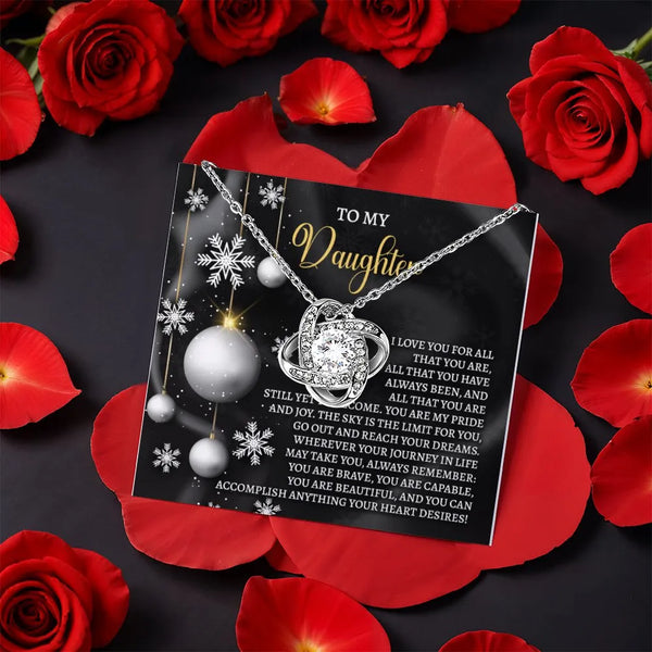 Rotating Rose Box Jewelry, To My Daughter Christmas Love Knot Necklace, 14k White Gold Finish Pendant, Holiday Birthday Prese