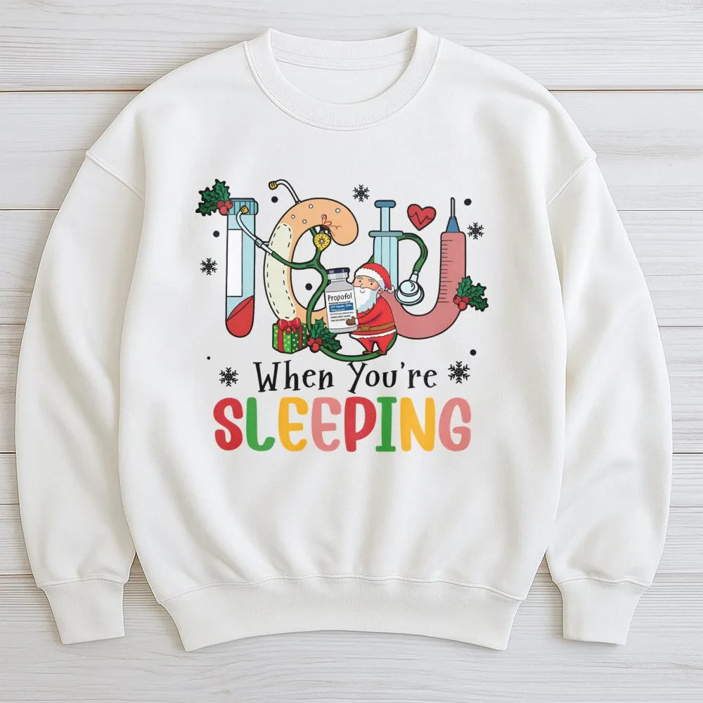 Humorous Santa Medical Holiday Sweater, ICU Nurse Christmas Sweatshirt, Intensive Care RN Crewneck, Healthcare Worker Xmas Pu