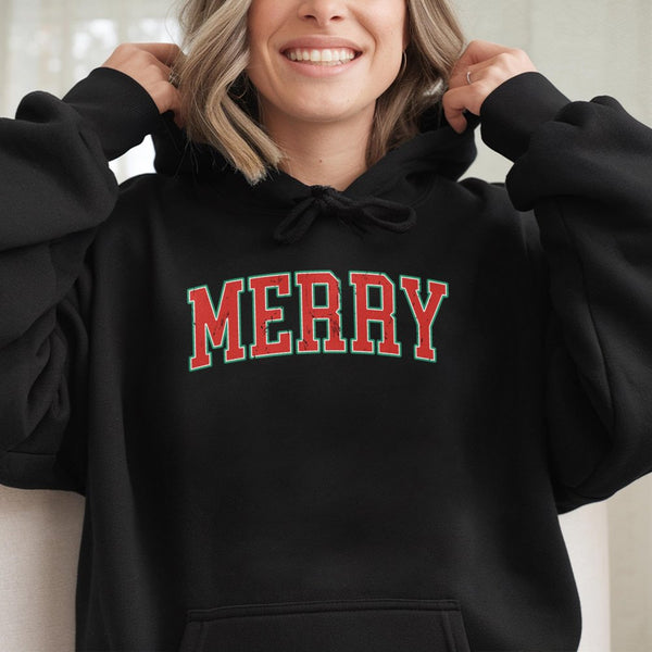 Retro Varsity Lettering Holiday Sweatshirt, Merry Christmas Hoodie, Vintage Merry Christmas Hooded Pullover, Festive Winter X