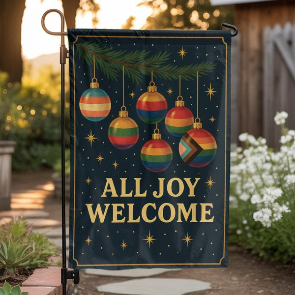 Pride Christmas Ornaments Garden Flag, All Joy Welcome Garden Flag, Inclusive Rainbow Yard Flag, Holiday Lawn Banner, Christm