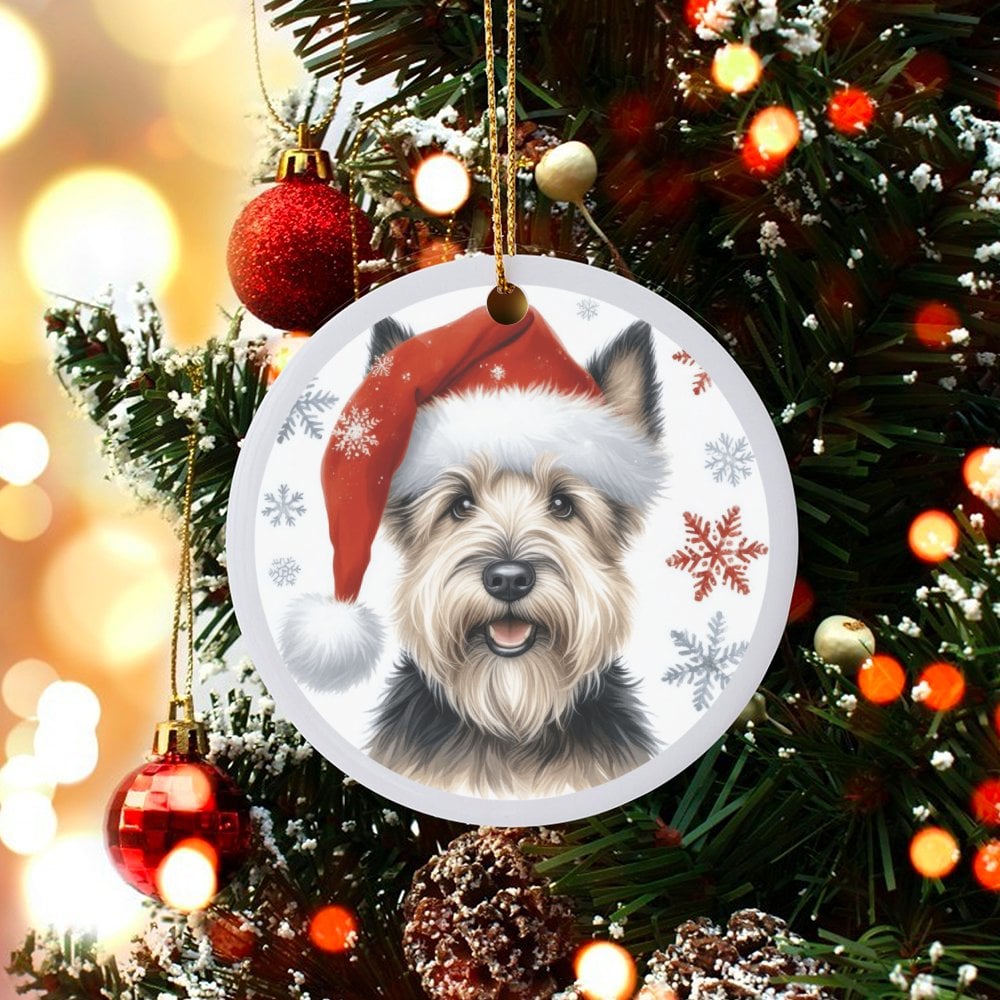 Santa Hat Puppy Tree Ornament, Cairn Terrier Christmas Ornament, Ceramic Dog Breed Holiday Ornament, Festive Pet Keepsake, Do