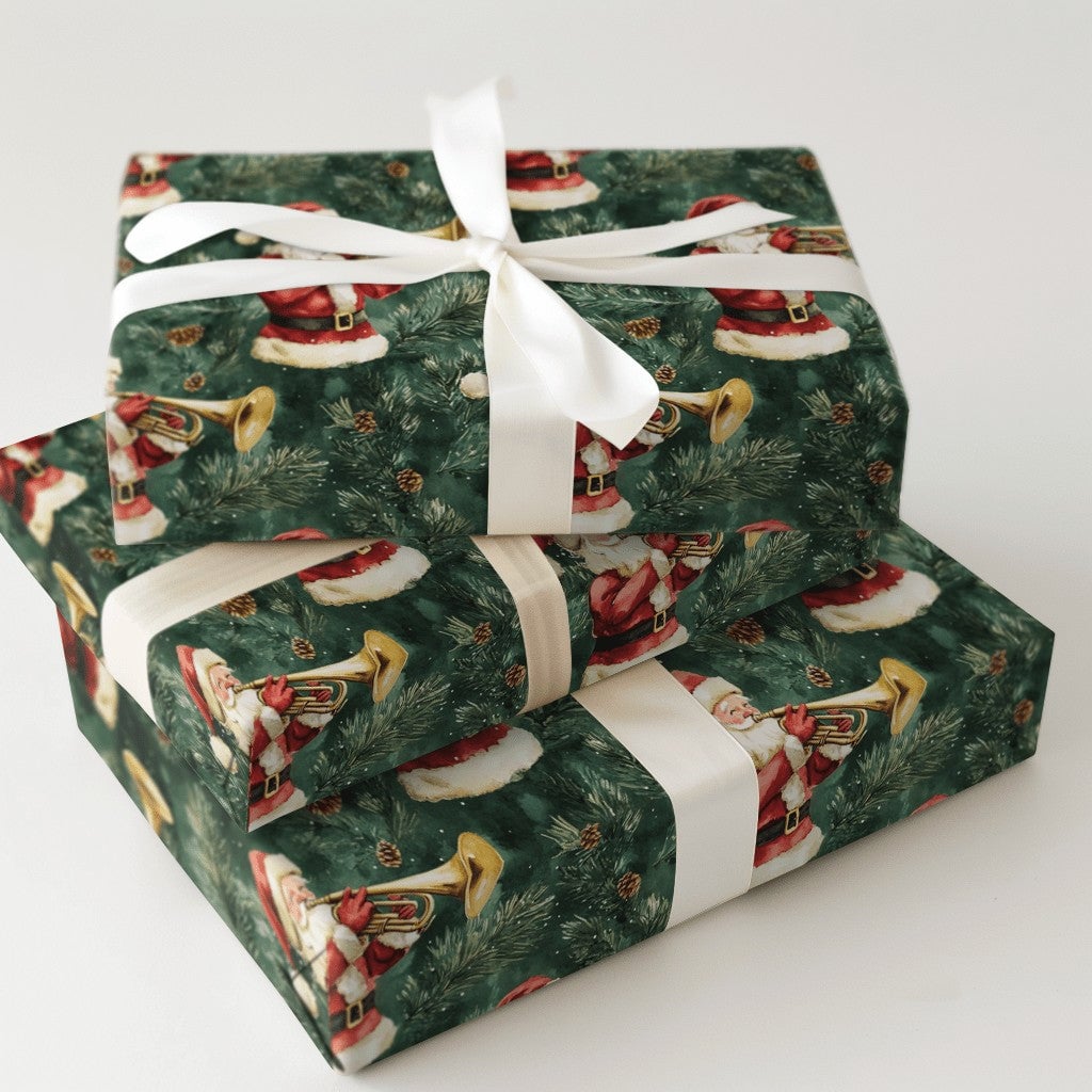 Musical Christmas Gift Wrap, Vintage Santa Trumpet Wrapping Paper, Pine Branch Holiday Present Paper, Dark Green Xmas Gift Wr