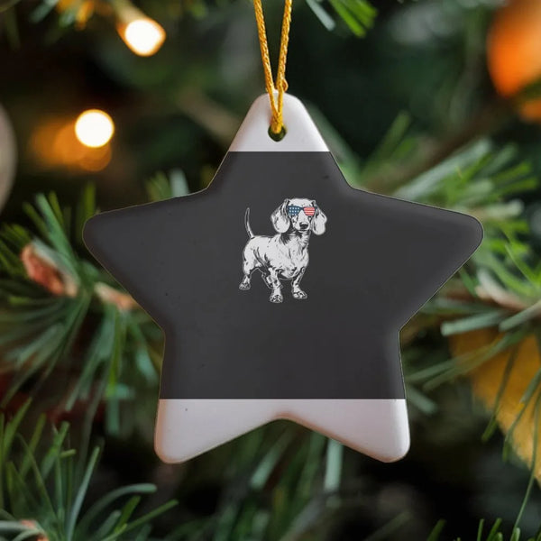 Star Ceramic Dog Ornament, Patriotic Dachshund Christmas Ornament, American Flag Dog Keepsake, Weiner Dog Holiday Decor, Pres