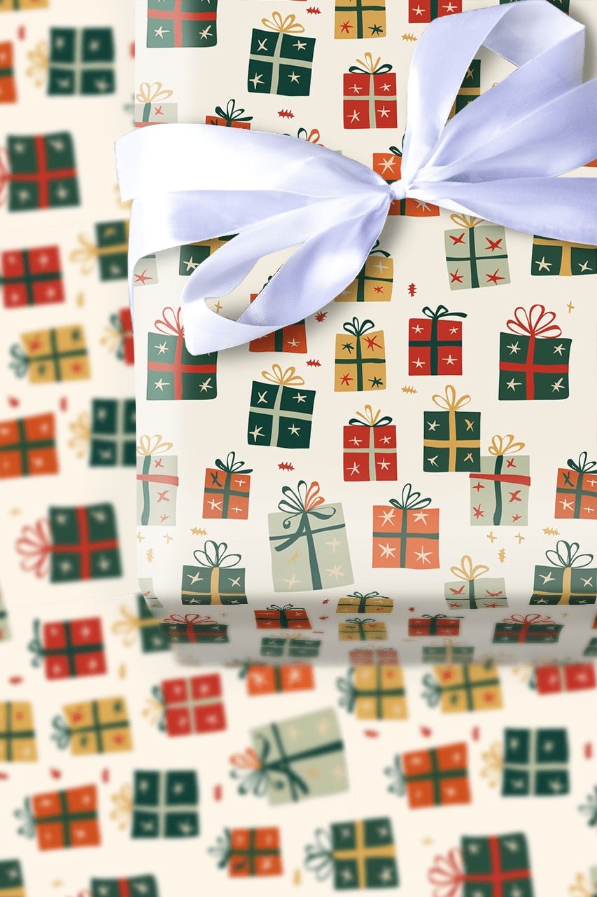 Whimsical Gift Box Wrap, Colorful Present Wrapping Paper, Retro Christmas Boxes Wrapping Paper, Festive Winter Holiday Wrappi
