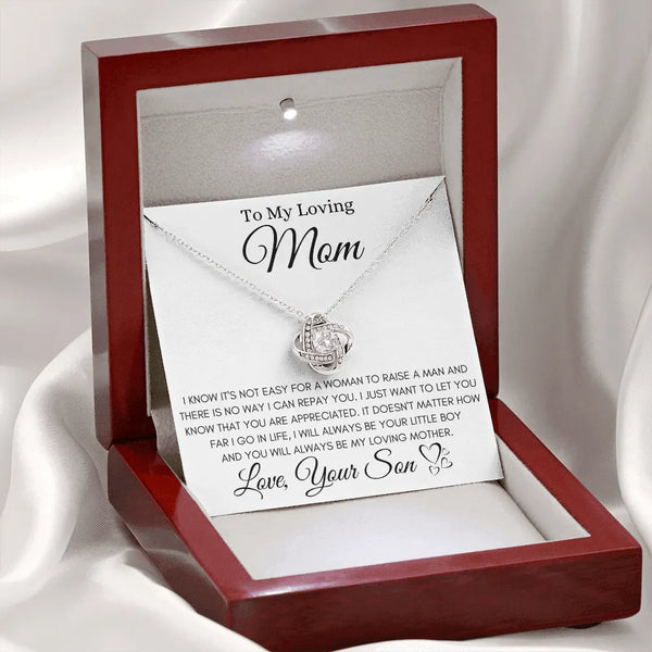 Son to Mother Message Jewelry, Love Knot Necklace for Mom, 14k White Gold Over Stainless Steel Pendant, Birthday Christmas Pr