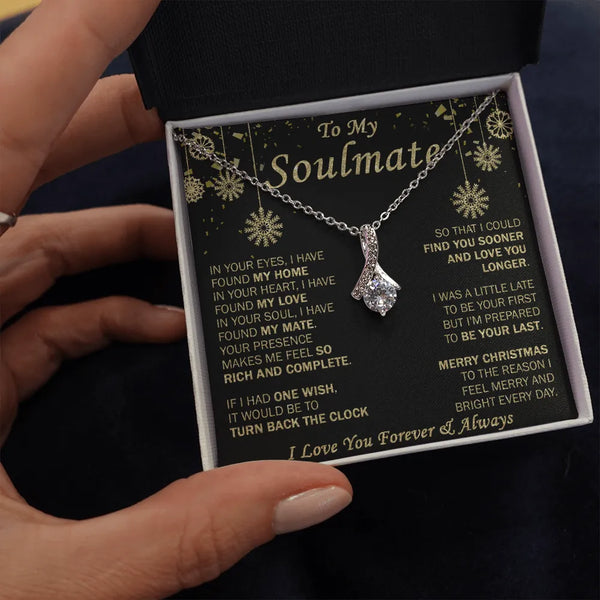 Cubic Zirconia Pendant Necklace, Soulmate Ribbon Necklace, 14k White Gold Over Stainless Steel Romantic Christmas Jewelry for