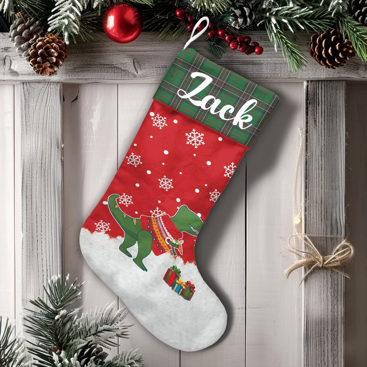 Personalized Dino Stocking, Dinosaur Christmas Stocking, Plaid Cuff Holiday Stocking, Custom Kids Christmas Stocking, Dinosau
