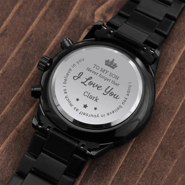 Engraved Black Stainless Steel Watch, Personalized Son Chronograph Watch, Mens Keepsake Watch, Birthday Present for Son, Chri