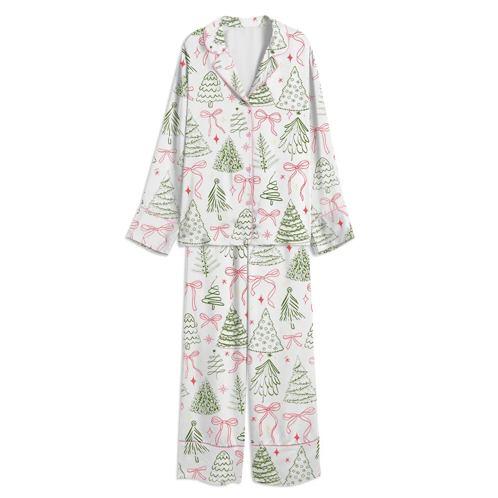 Vintage Coquette Bow Holiday Satin Pajama Set, Christmas Tree Pajama Set, Long Sleeve Winter Button Up Pajama Set, Xmas Sleep