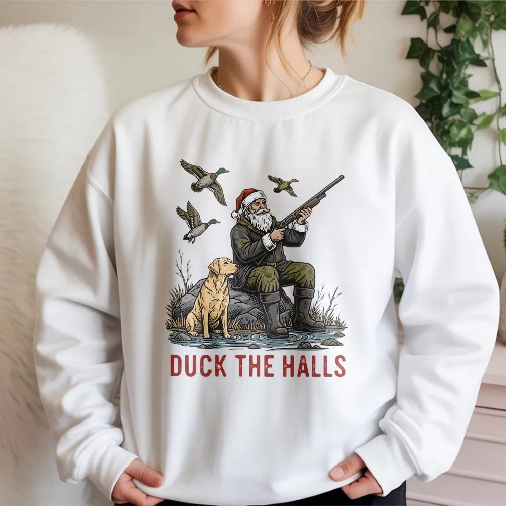 Santa Duck Hunting Sweatshirt, Duck the Halls Christmas Sweatshirt, Humorous Duck Hunter Crewneck, Holiday Hunting Pullover, 