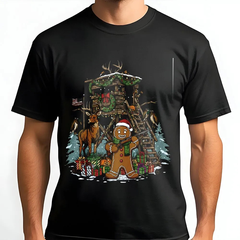 Humorous Christmas Deer Hunter Shirt, Gingerbread Man Hunting T-Shirt, Holiday Buck Hunting Tee, Winter Outdoors Graphic Shir