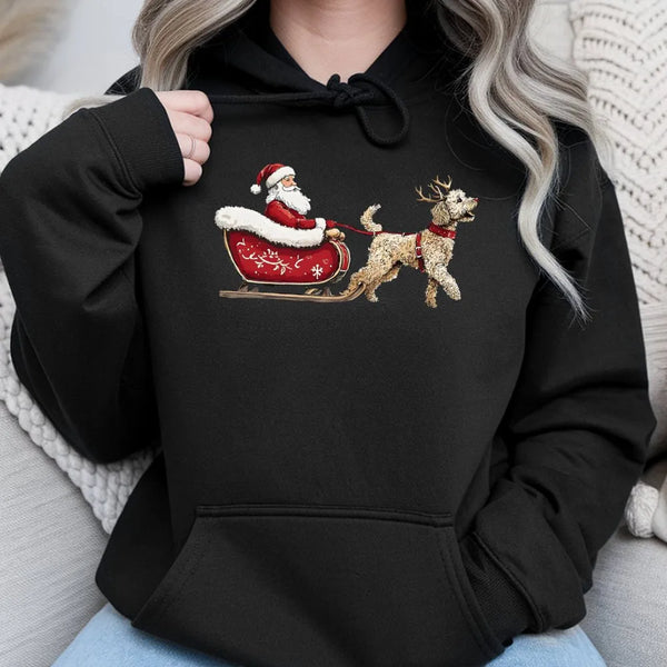 Doodle Santa Sleigh Graphic Sweatshirt, Goldendoodle Christmas Hoodie, Adorable Dog Mom Holiday Pullover, Winter Dog Lover Ho