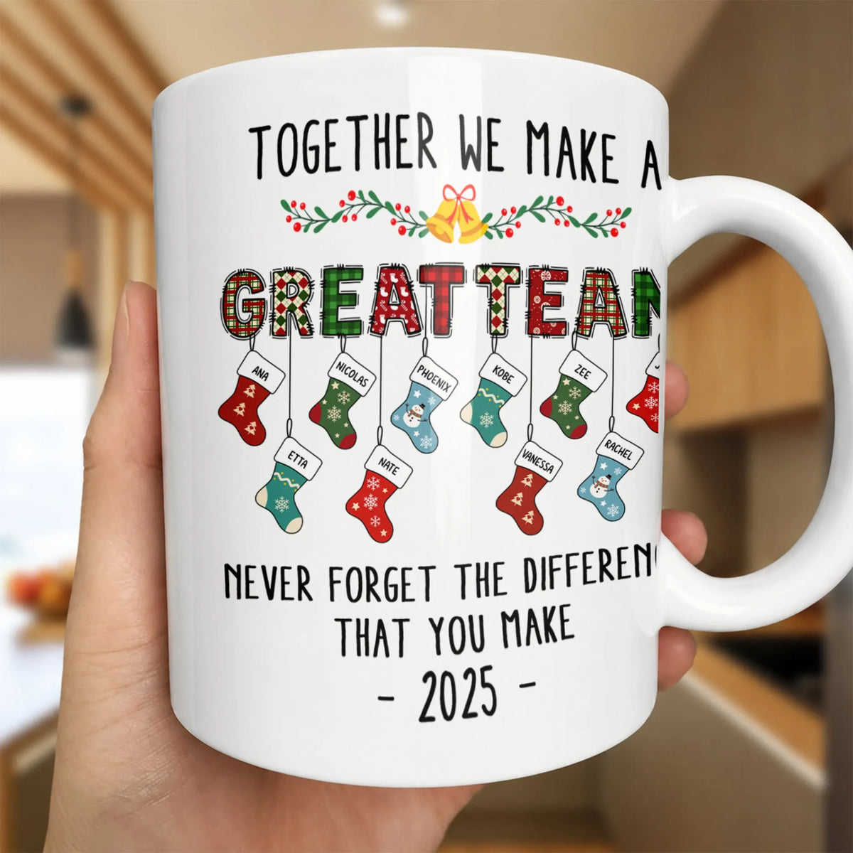 Together We Make a Great Team Stockings Coffee Mug, Christmas Family Team Mug, Holiday Ceramic Tea Cup Mug