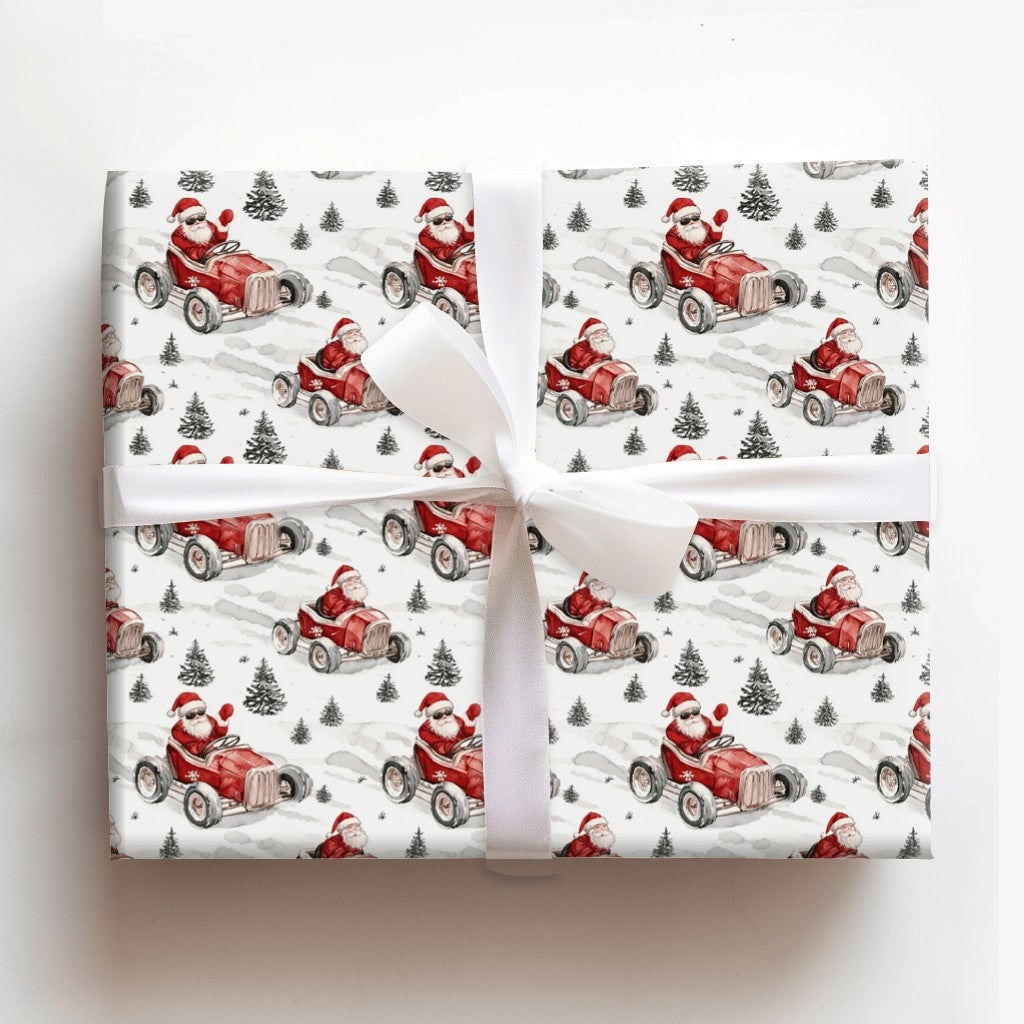 Sunglasses Santa Christmas Gift Wrap, Santa Driving Red Race Car Wrapping Paper, Vintage Car Holiday Present Paper, Xmas Gift