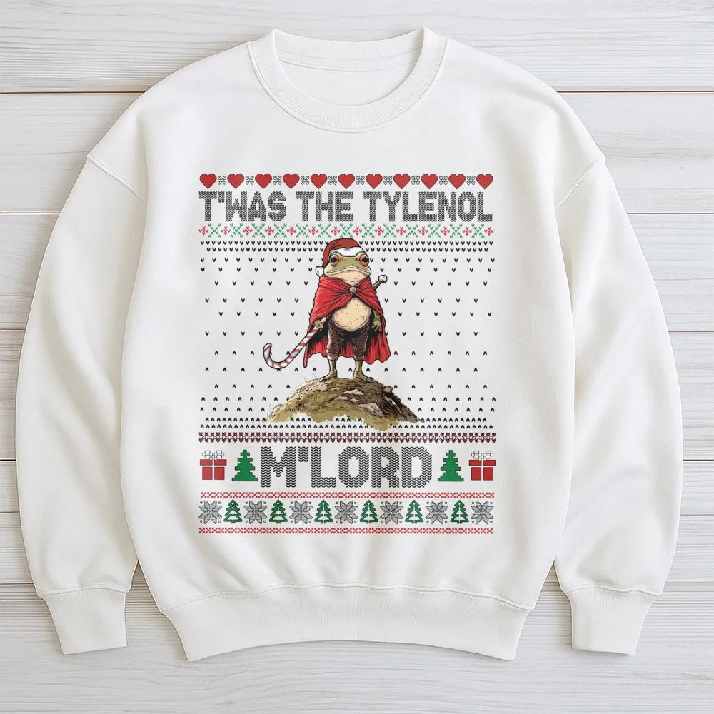Humorous Frog Christmas Meme Crewneck, Twas the Tylenol Mlord Sweatshirt, Medieval Frog Holiday Sweatshirt, Viral Humor Xmas 