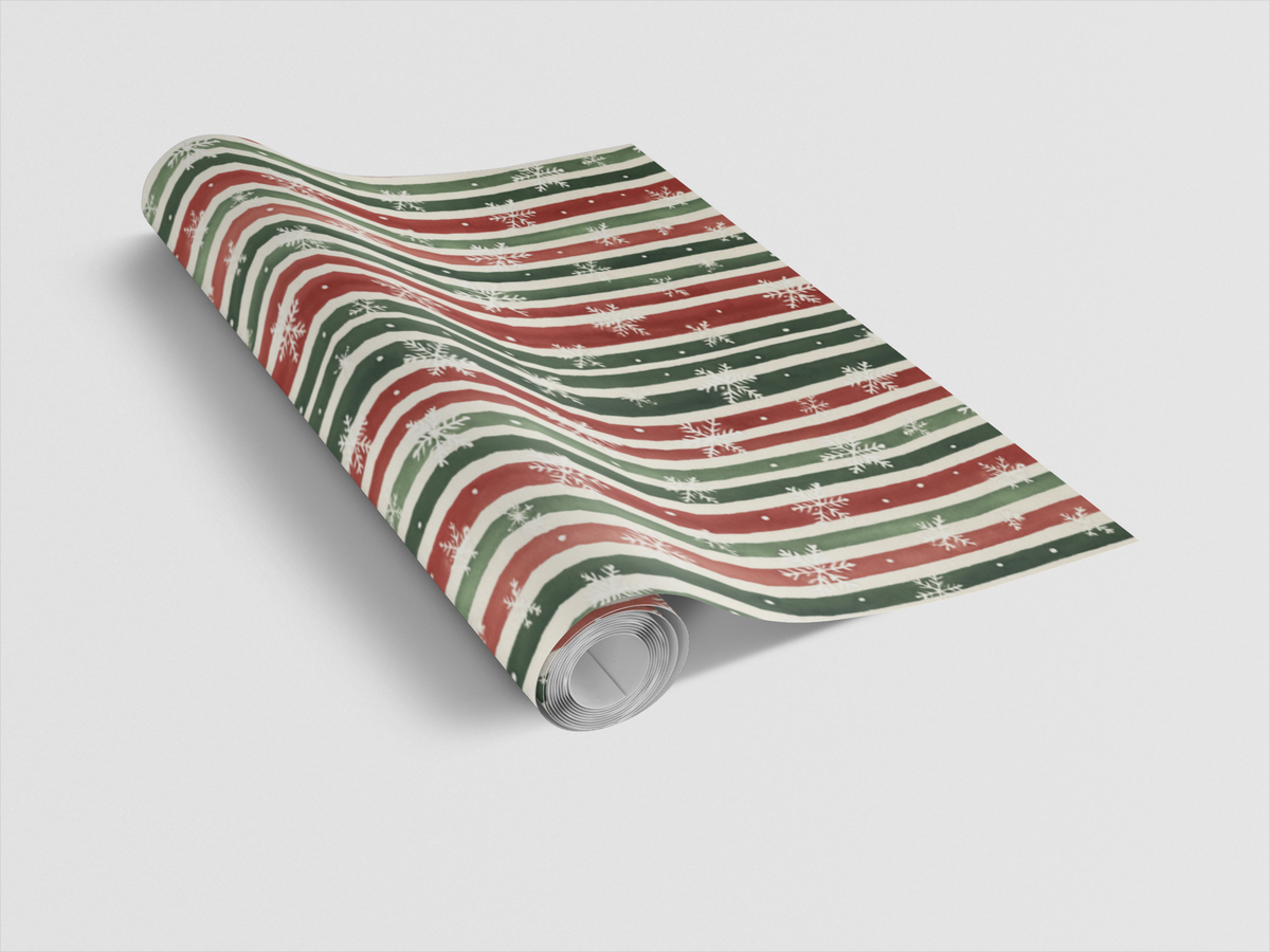 Watercolor Snowflake Gift Wrap, Frosted Holiday Stripes Wrapping Paper, Red Green Winter Present Paper, Cheerful Christmas Pa
