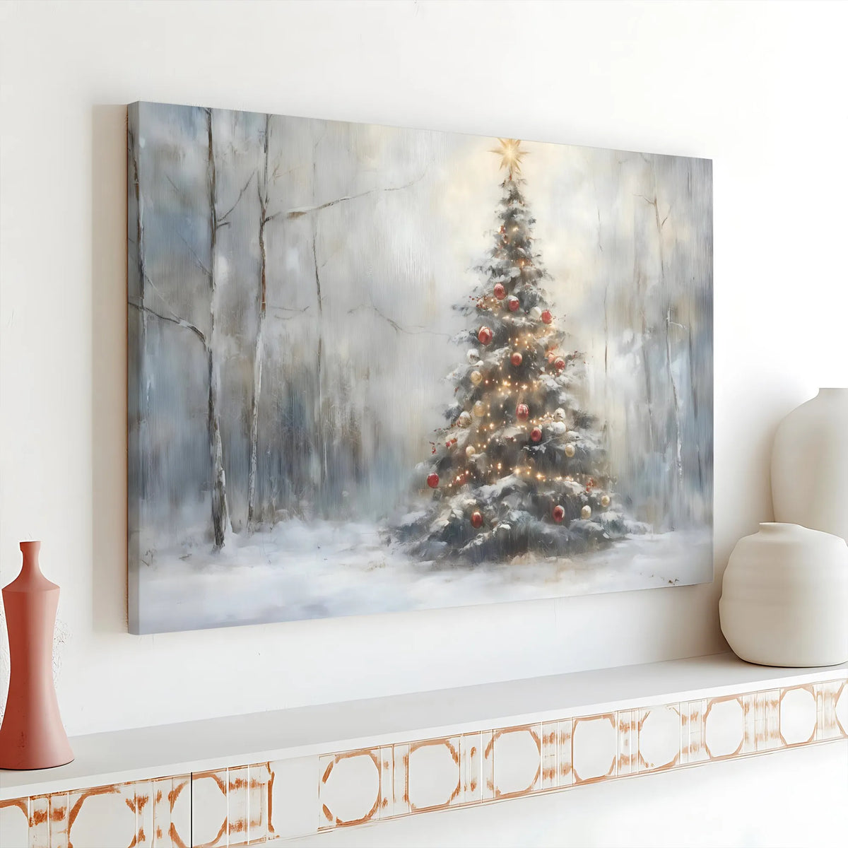 Winter Pine Forest Landscape Print, Snowy Christmas Tree Canvas Wall Art, Holiday Farmhouse Decor, Digital Download Christmas