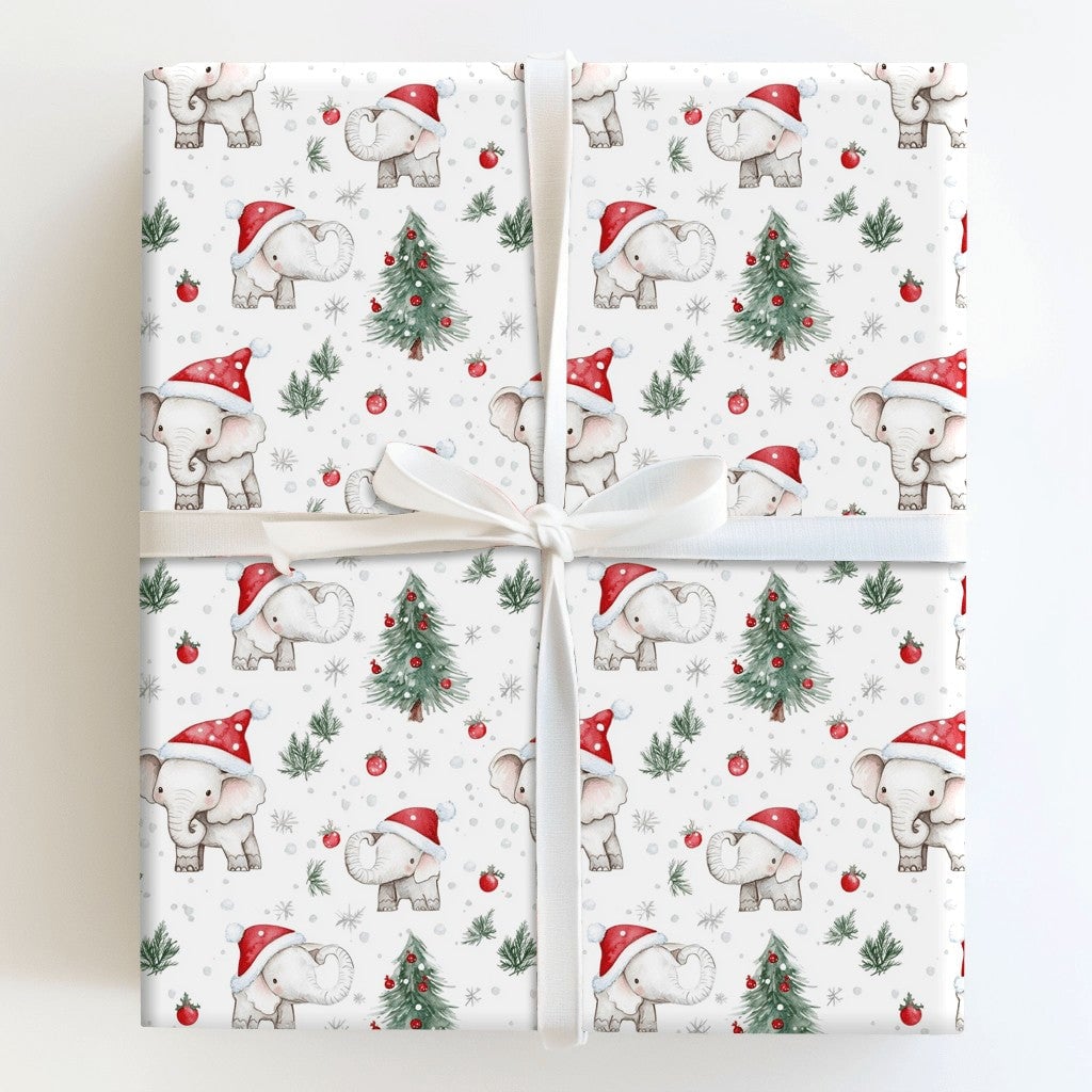Santa Hat Holiday Gift Wrap, Baby Elephant Christmas Wrapping Paper, Adorable Watercolor Animal Wrapping Paper, Kids Christma