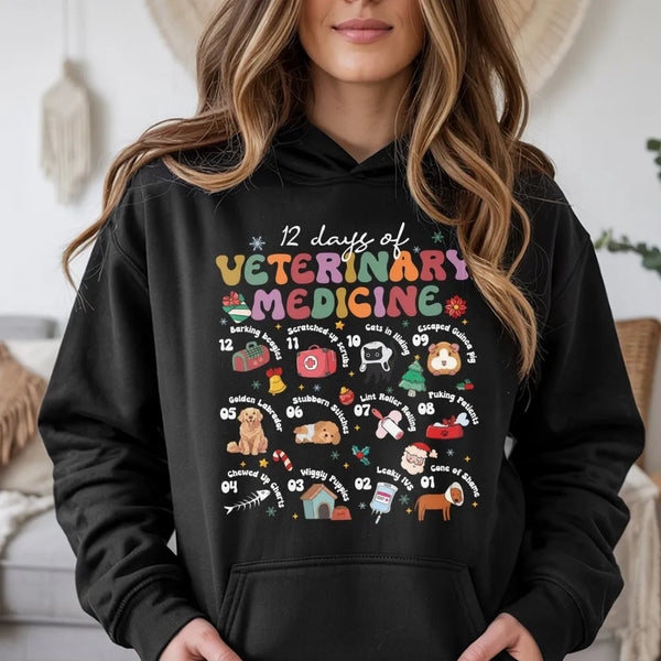 Humorous Vet Tech Christmas Sweatshirt, 12 Days of Veterinary Medicine Hoodie, Animal Doctor Hooded Pullover, Holiday Present
