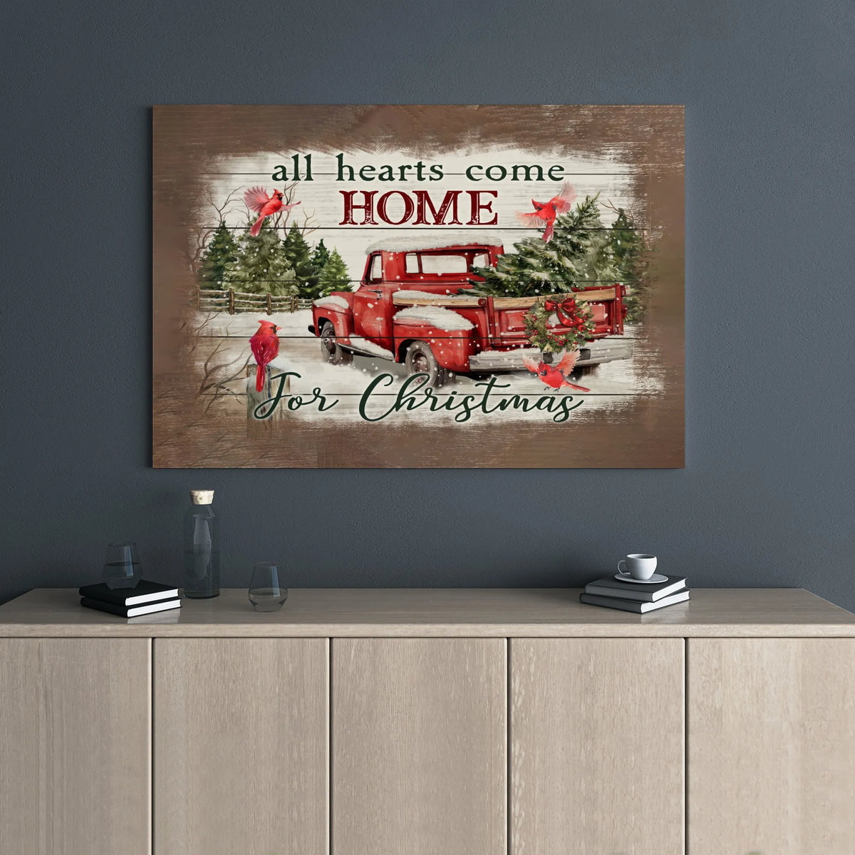 Vintage Red Truck Canvas Print, All Hearts Come Home for Christmas Canvas Wall Art, Holiday Cardinal Wall Decor, Farmhouse Xm