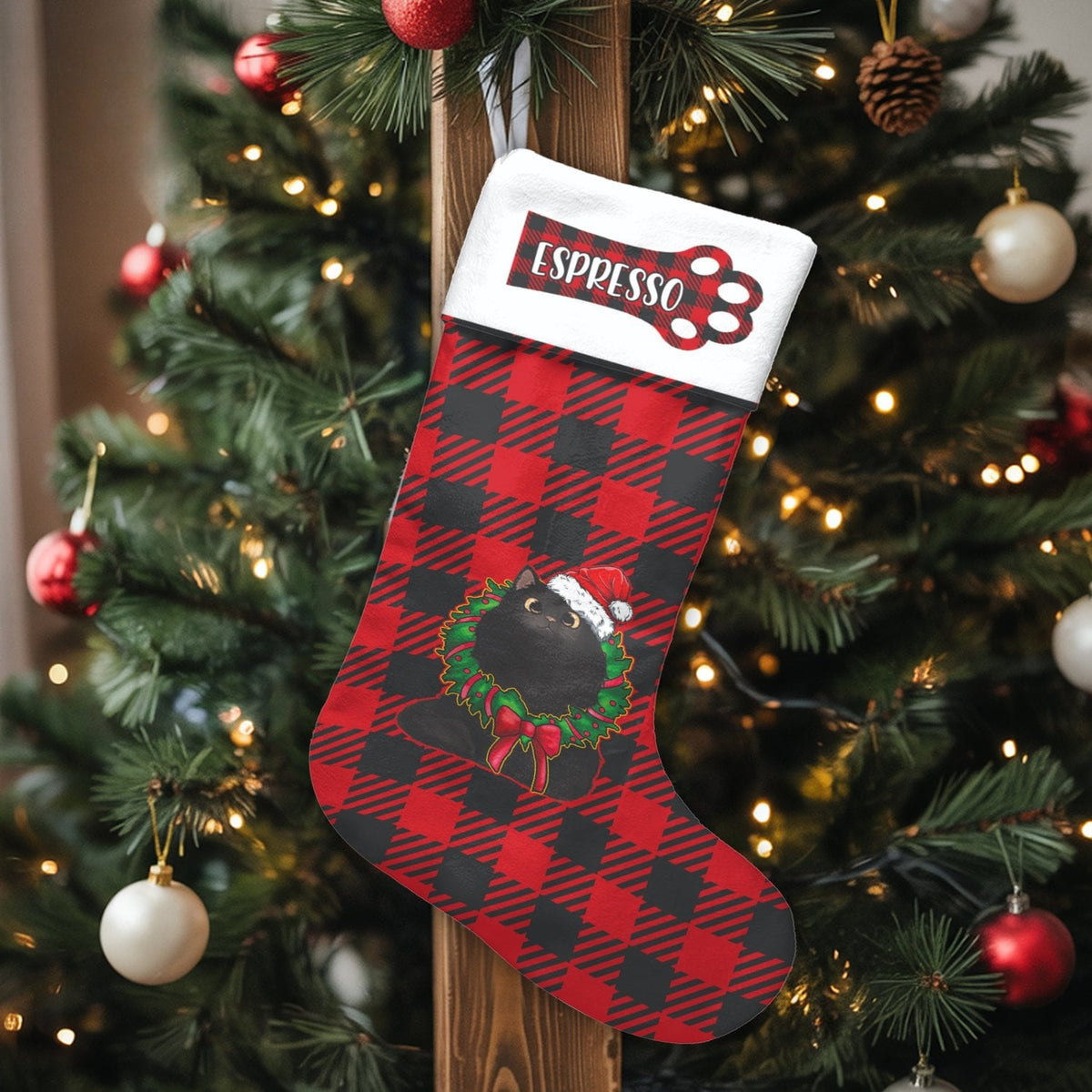 Buffalo Plaid Holiday Stocking, Personalized Black Cat Christmas Stocking, Custom Kitten Xmas Stocking, Adorable Cat Lover Pr