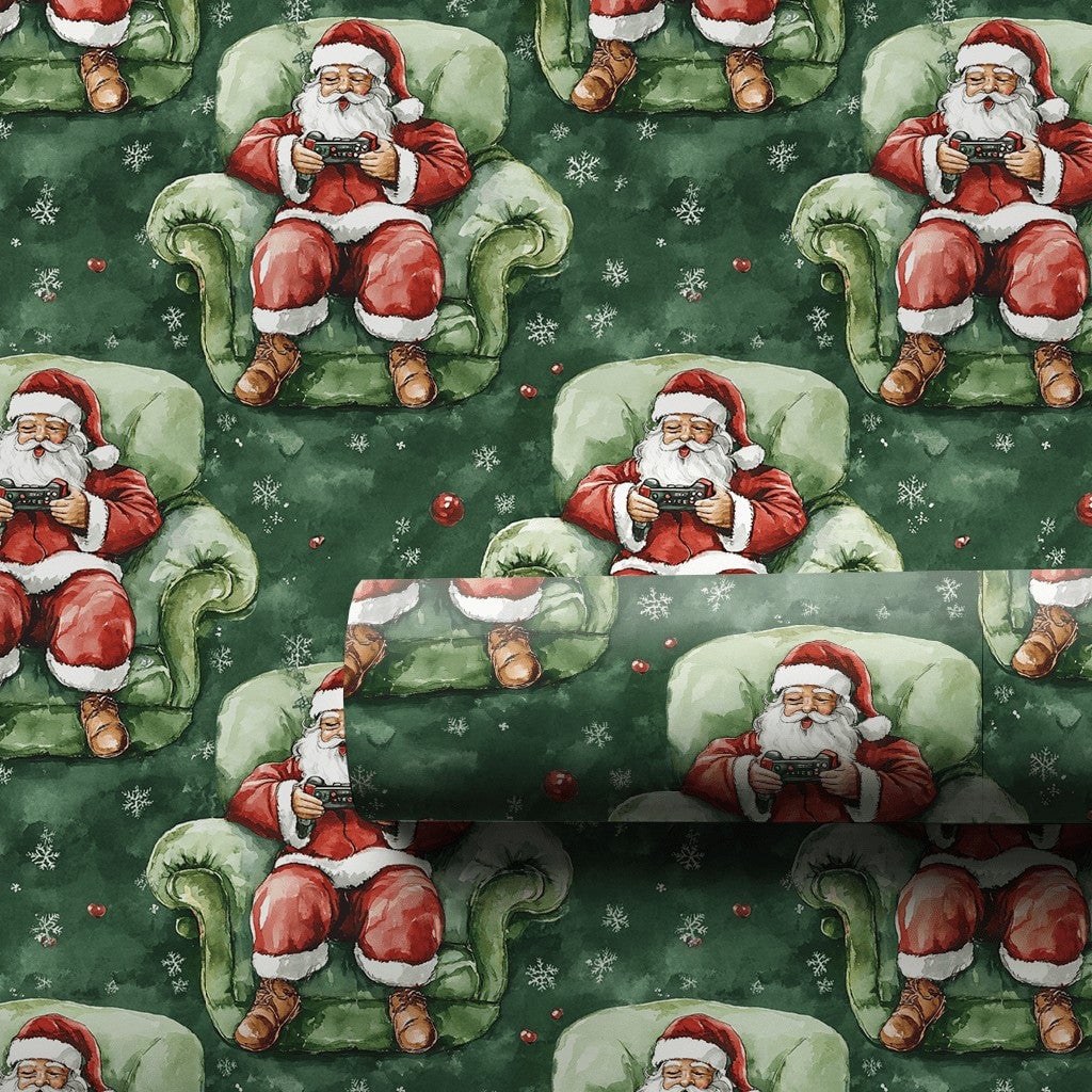 Video Game Christmas Gift Wrap, Gamer Santa Wrapping Paper, Humorous Gaming Santa Wrapping Paper, Tech Lover Holiday Paper Ro