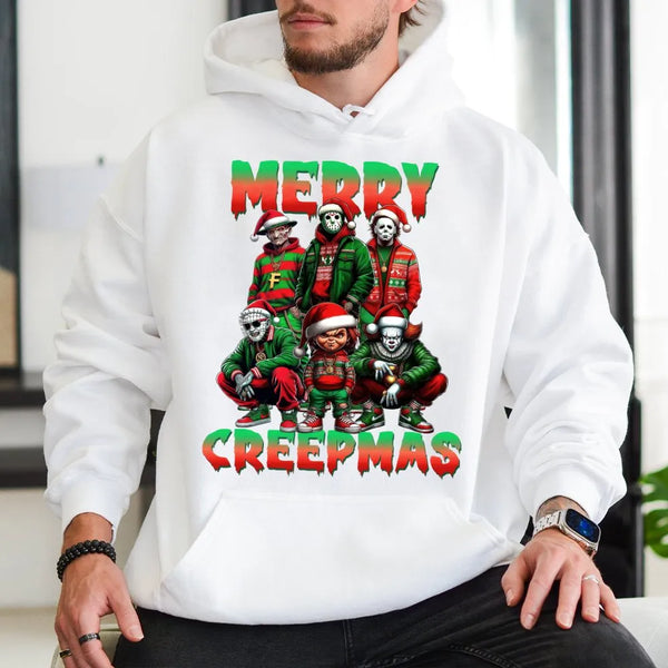 Scary Movie Christmas Hoodie, Merry Creepmas Horror Hoodie, Creepmas Graphic Hooded Sweatshirt, Horror Fan Pullover Hoodie, H