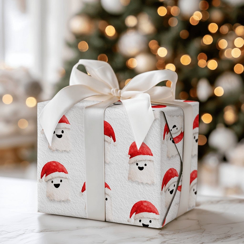 Spooky Santa Hat Gift Wrap, Christmas Ghost Wrapping Paper, Adorable Watercolor Ghost Holiday Wrapping Paper, Whimsical Winte